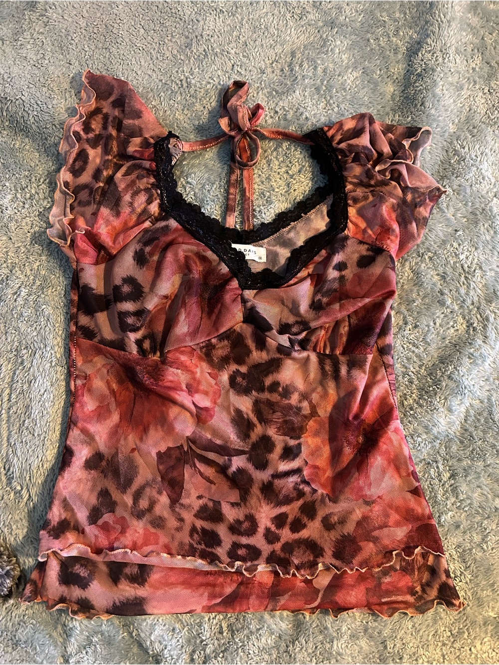 Floral Leopard Print Ruffle Tie-Back Women's Top - Pink